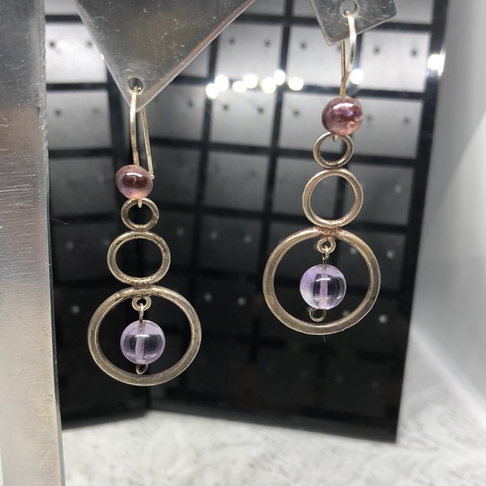 Sterling silver 925 long circle round dangle earrings artisan elegant statement.
